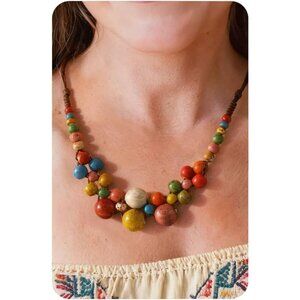 Chunky Boho Statement Necklace for Women - Handmade Colorful Ceramic Beaded Hipp